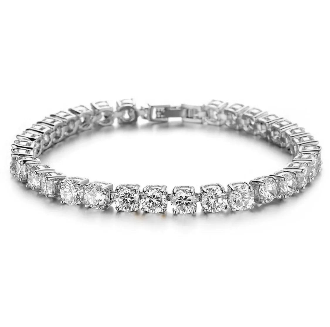 Men's silver hip hop bracelet with single row iced out rhinestones on chain link geometry design