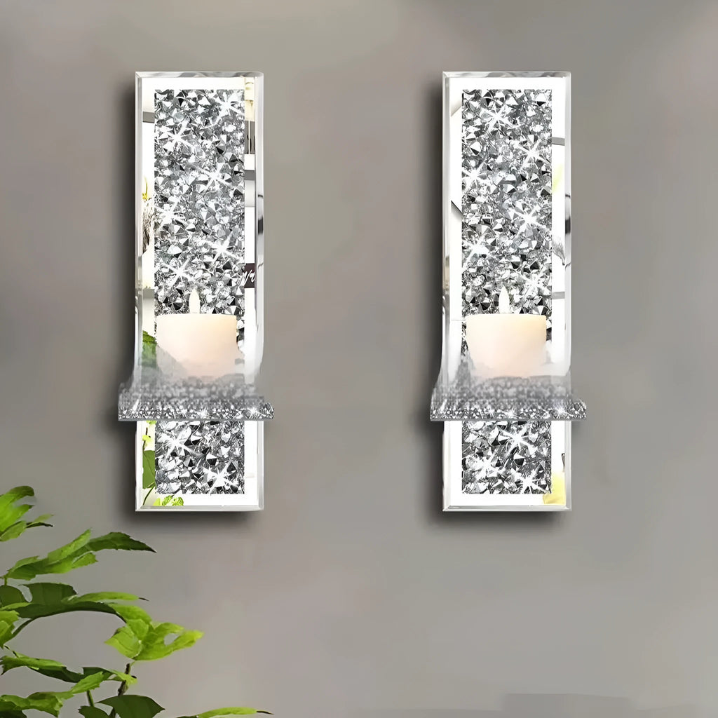 Pair of silver mirror glass candlestick holders for wall mounting, 38cm tall.