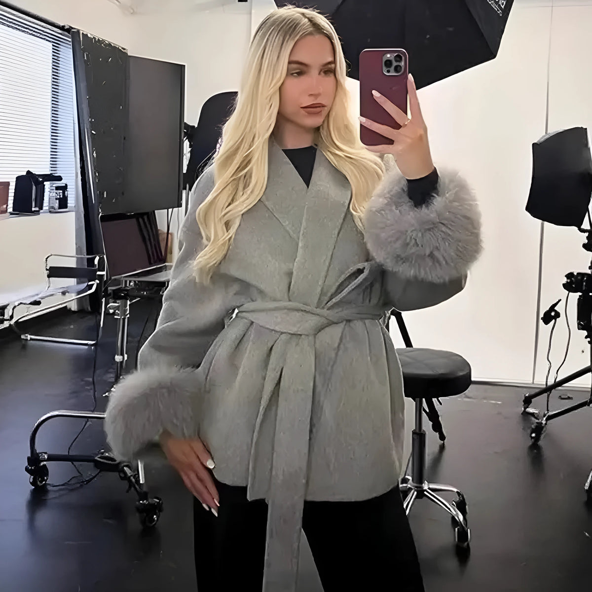 Fur V-neck Lace-up French Woolen Coat in light gray, polyester, medium thickness, front view