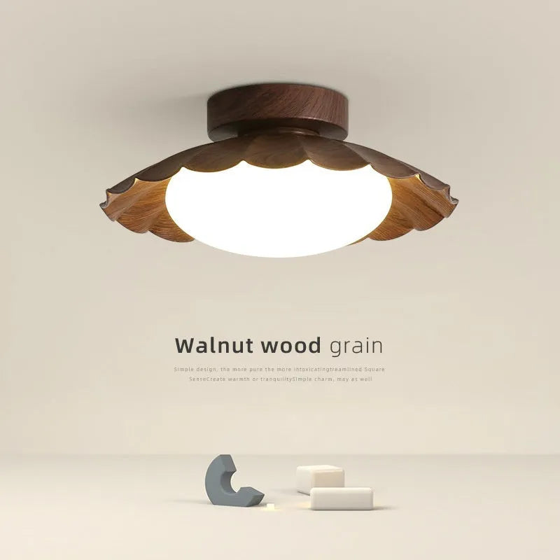 Mid-ancient silent balcony LED ceiling light round 25 beige walnut iron acrylic shade three-colour modes