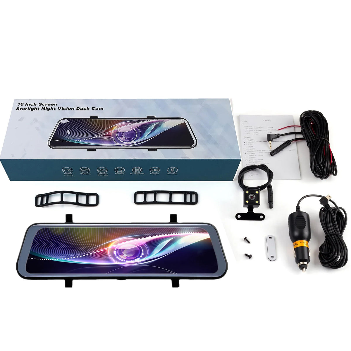 Black 10-inch touchscreen driving recorder rearview mirror with wide-angle lens for vehicle installation