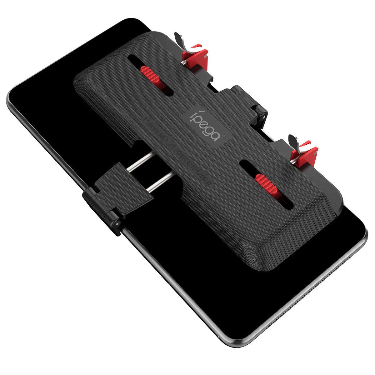 Black mobile phone gaming trigger bracket with an adjustable metal trigger and telescopic side clip.