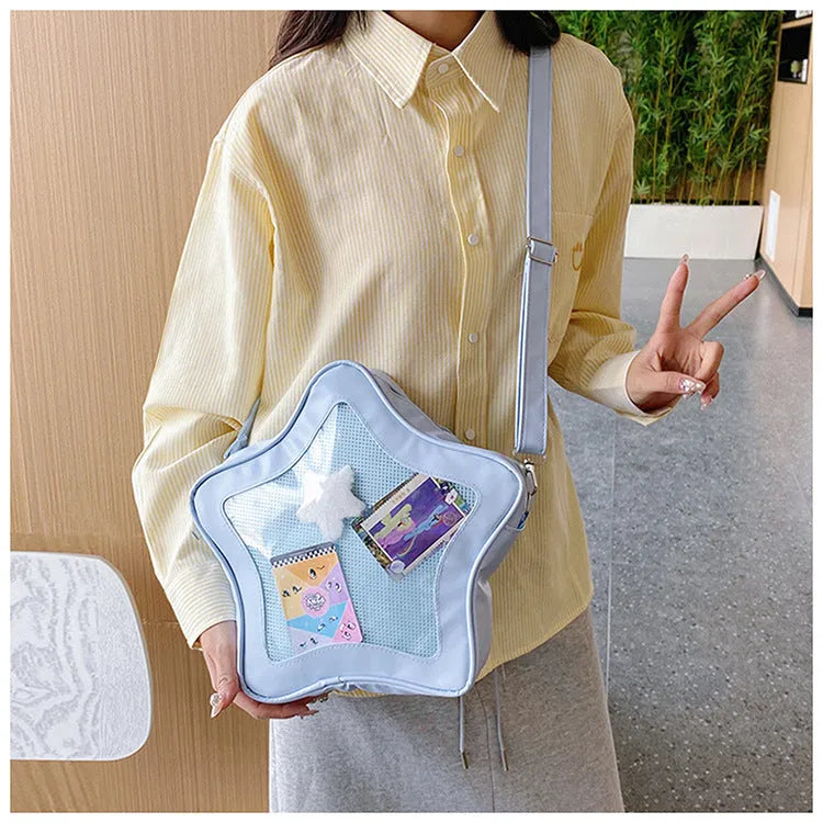 Large capacity nylon shoulder bag with transparent sandwich pocket and contrast colour detailing in fresh sweet style