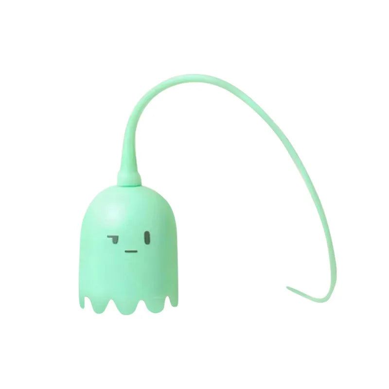 Green electronic cat wand toy with wiggling silicone tail for indoor cat play