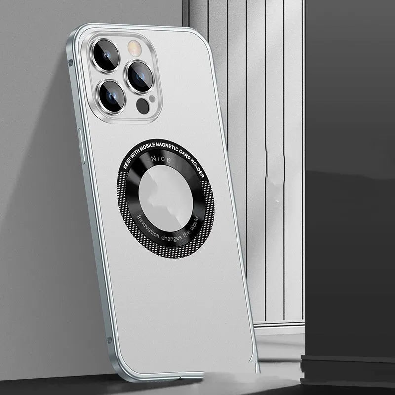 Metal frame magnetic phone case for iPhone 12-15 series in black with spring fastener and side buttons visible