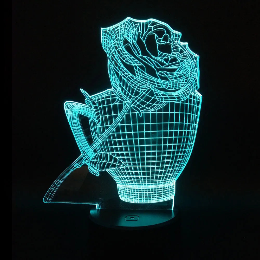 3D rose flower night light with acrylic panel and ABS base showing colour options