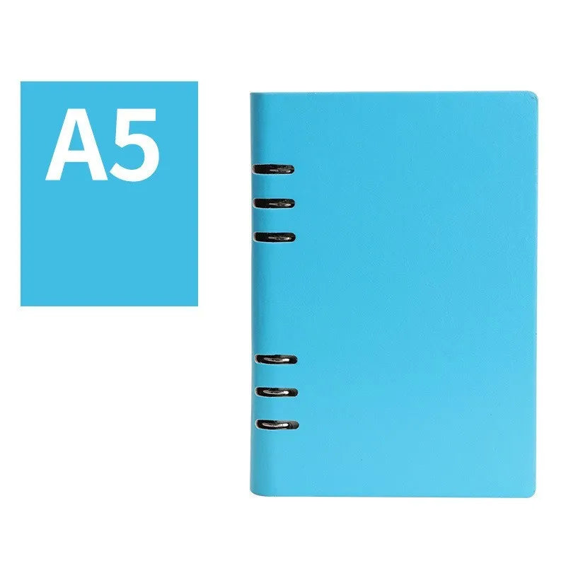 Loose-leaf notebook with imitation leather cover in five colours, shown in A5, A6, and B5 sizes.