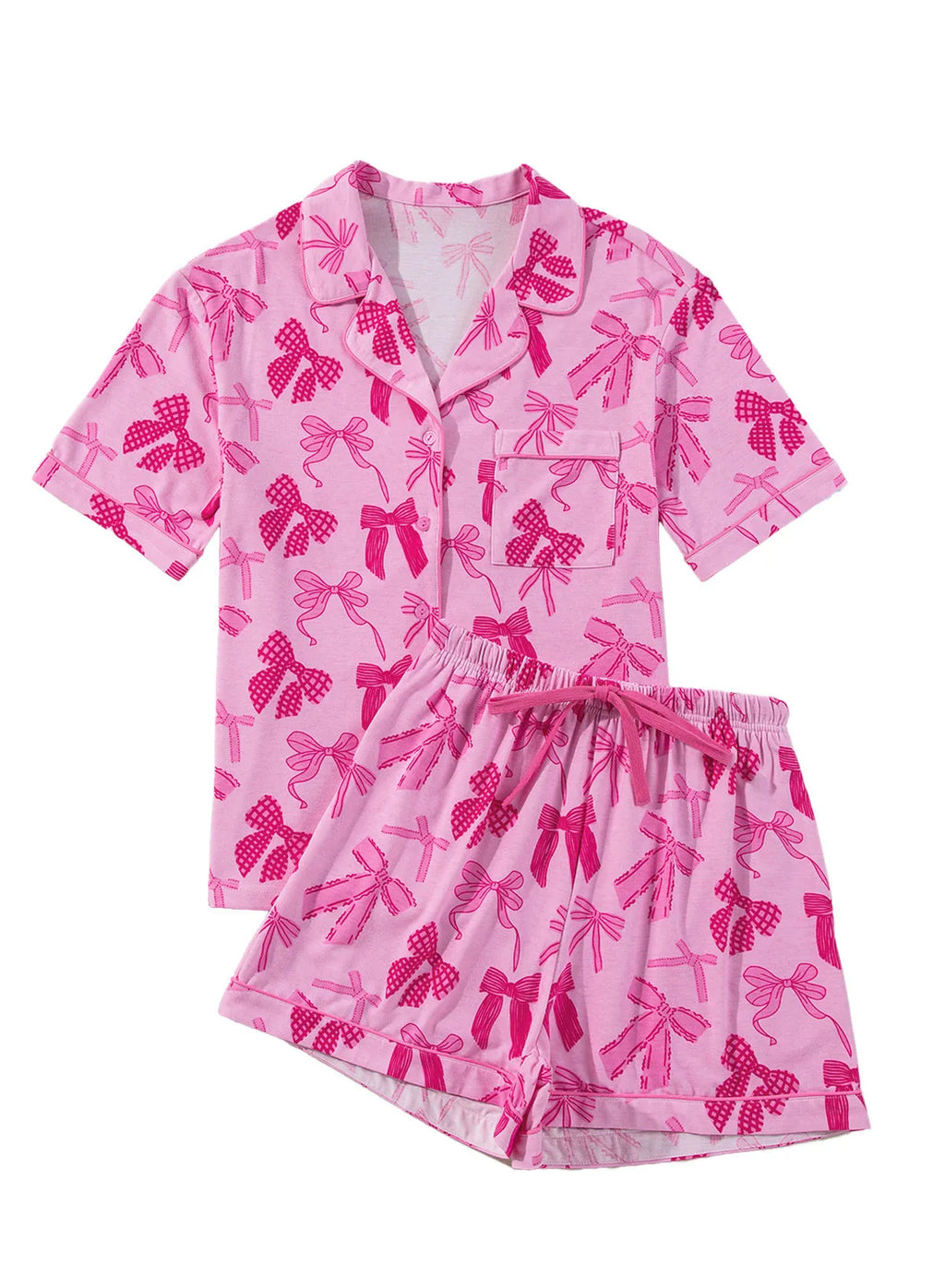 Pink bow print polyester pajama set with matching top and trousers for women