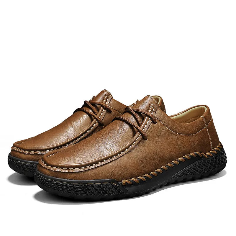 Men's genuine leather casual shoes in dark brown with front lace-up, round toe, and rubber sole