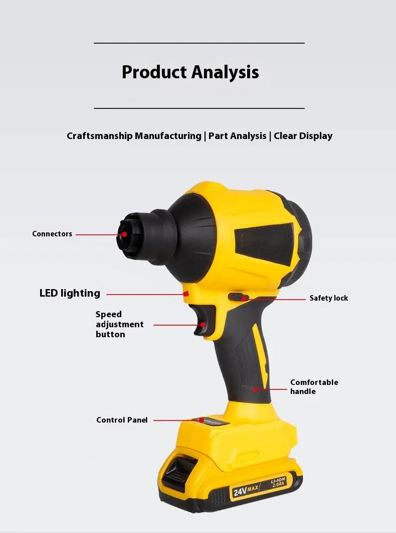 Yellow handheld cordless dust gun with rechargeable battery for office and workshop cleaning