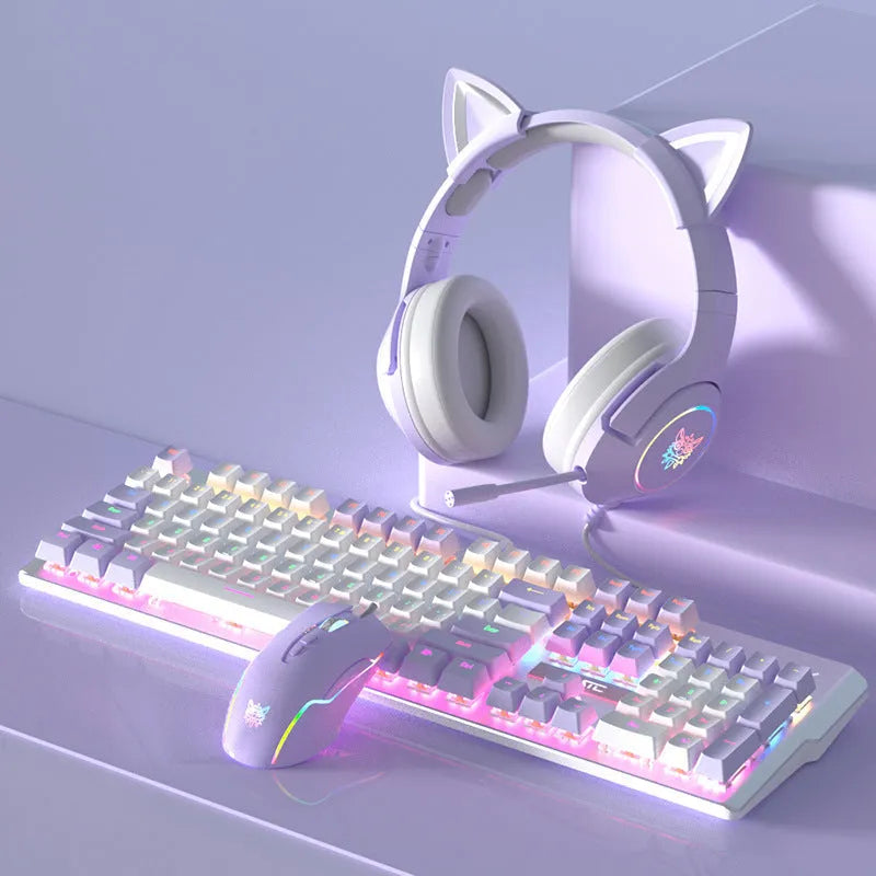 Purple-white mechanical keyboard and mouse gaming bundle with backlight illumination on desktop setup