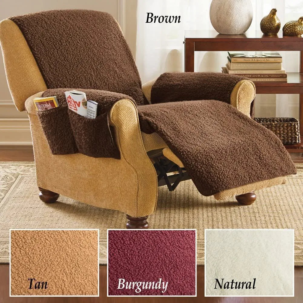 Polyester sofa slipcover in lambswool beige colour on a sofa cushion.
