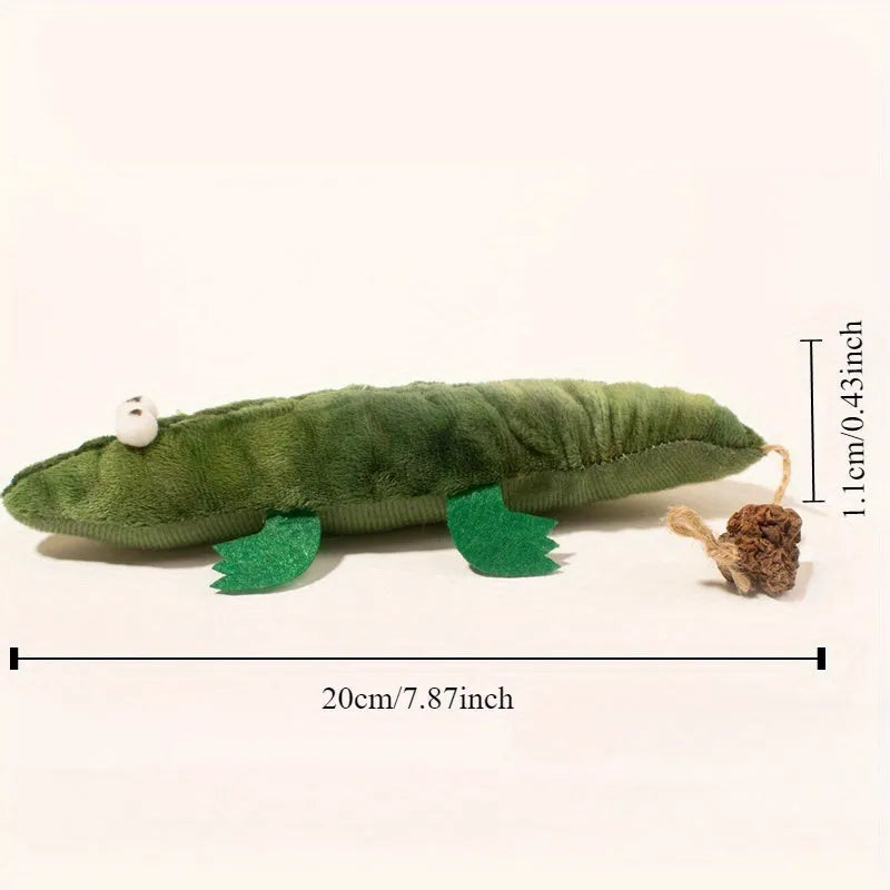 Green plush alligator catnip toy for stress relief and oral cleansing