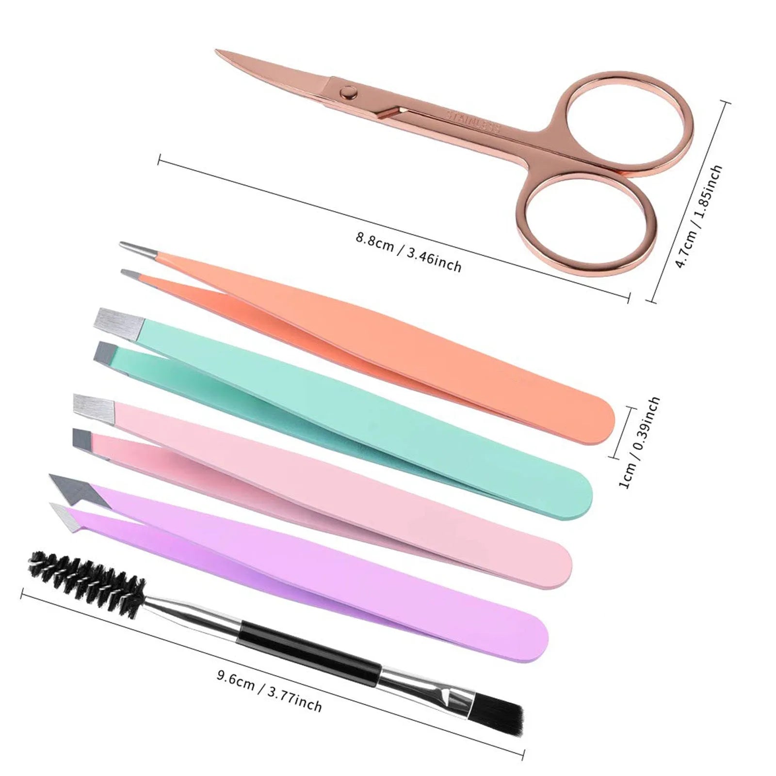 Professional stainless steel eyebrow tweezers, curved scissor, brush, and leather case in a 6-piece grooming set.