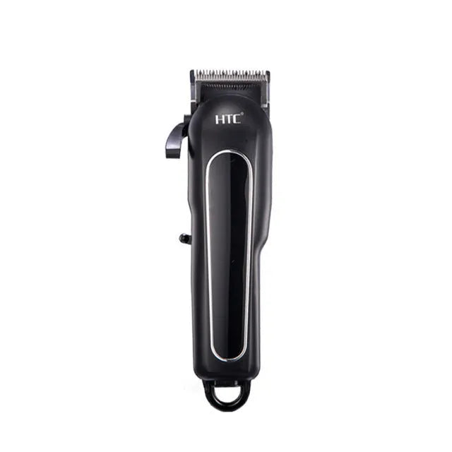 Black professional digital hair clipper and trimmer kit with charger, 4 comb guides, oil, and cleaning brush on a white background.