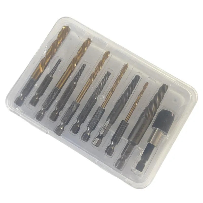 Silver 12-piece hexagonal handle screw extractor set on grey background