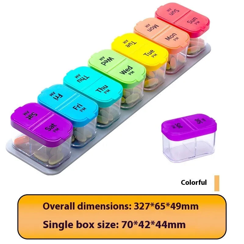 Large white plastic pill organiser box with 14 detachable compartments shown both assembled and separated.