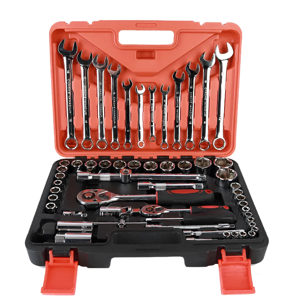 61-piece chrome vanadium steel auto repair socket and wrench set in a carrying box
