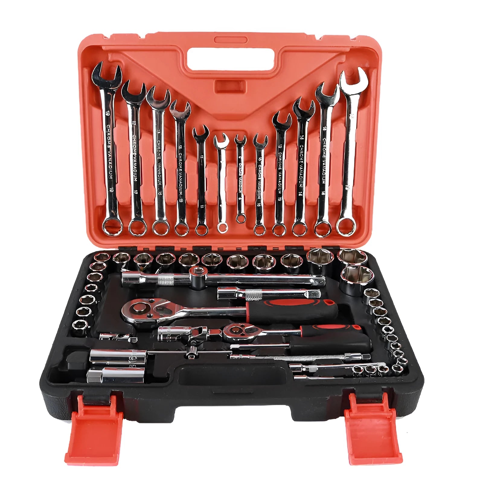 61-piece chrome vanadium steel auto repair socket and wrench set in a carrying box