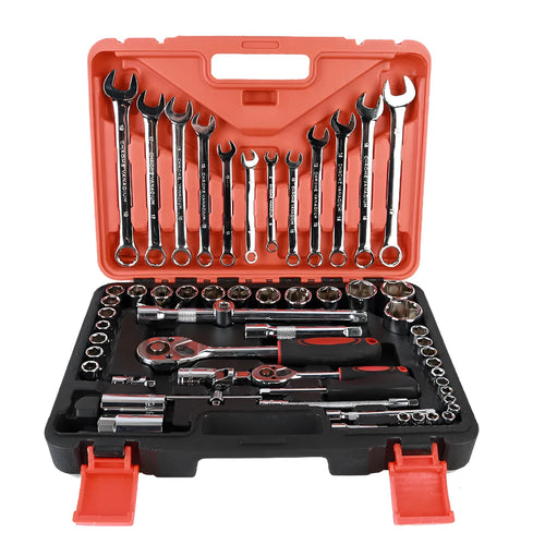 61-piece chrome vanadium steel auto repair socket and wrench set in a carrying box