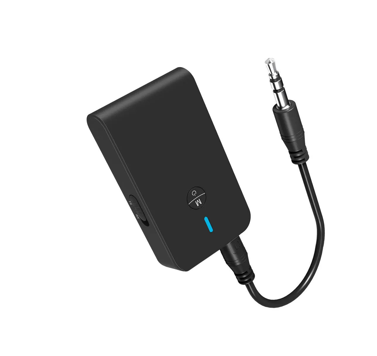 Black Bluetooth 5.0 audio adapter with a 3.5mm plug and external power supply