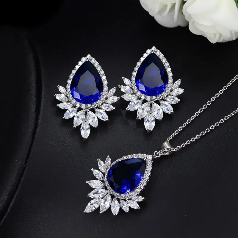 Bridal banquet jewellery chain set showing necklace and bracelet in blue, red, or white options