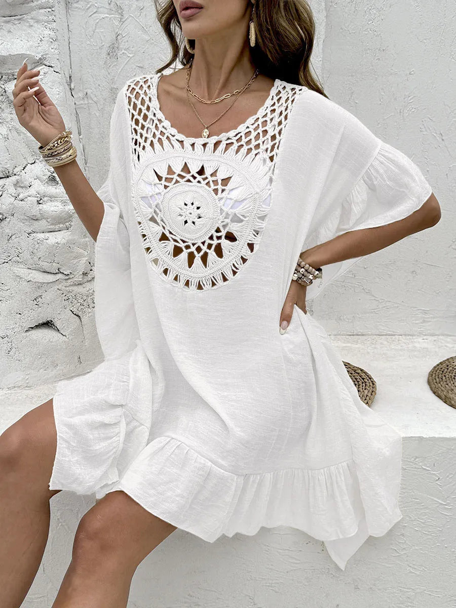 Beach crochet dress with stitching tassel detail on patchwork skirt in slubbed polyester fabric