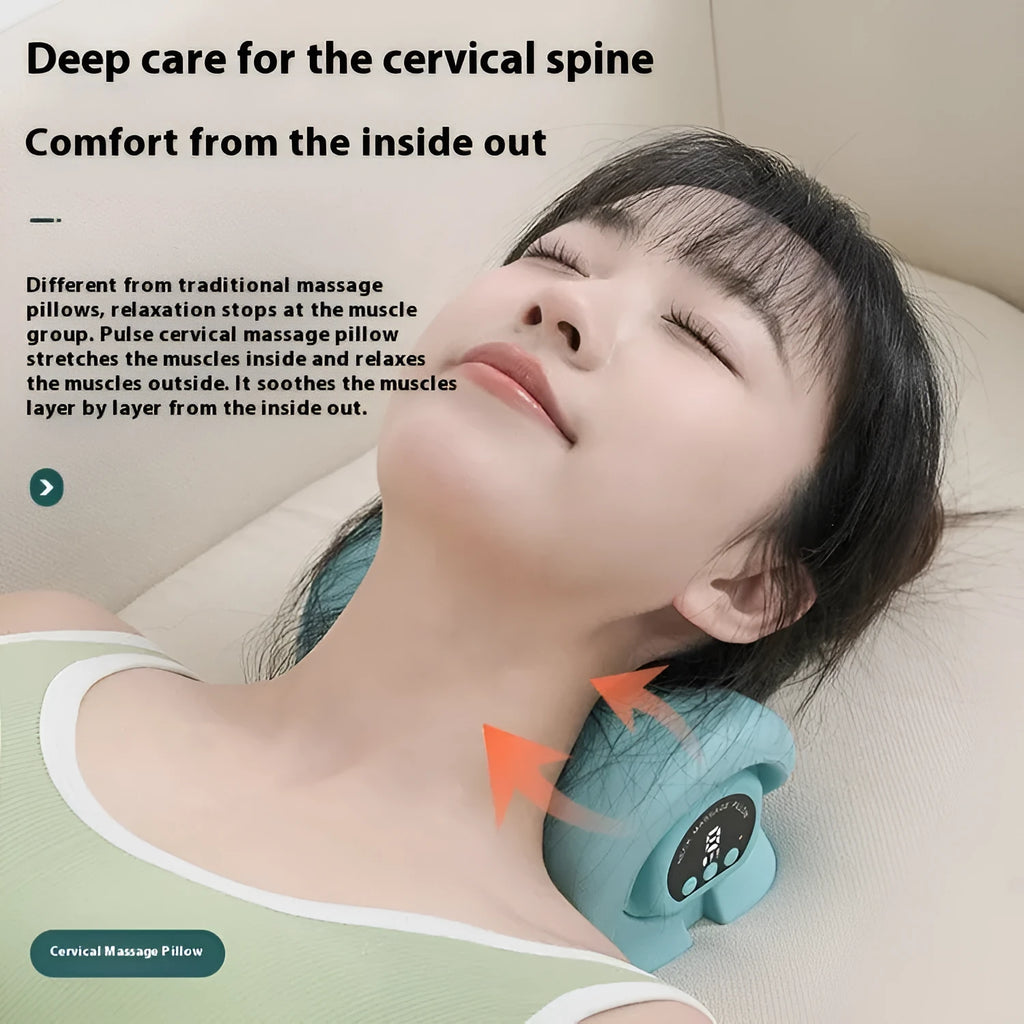 Blue-green portable EMS massage pillow for neck and shoulders with hot compress.