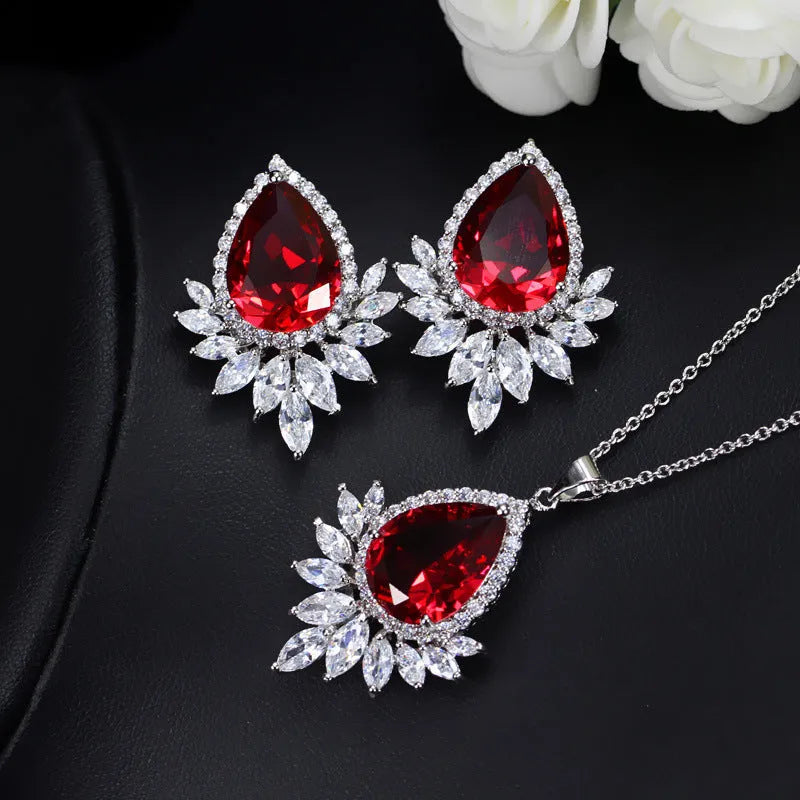 Bridal banquet jewellery chain set showing necklace and bracelet in blue, red, or white options