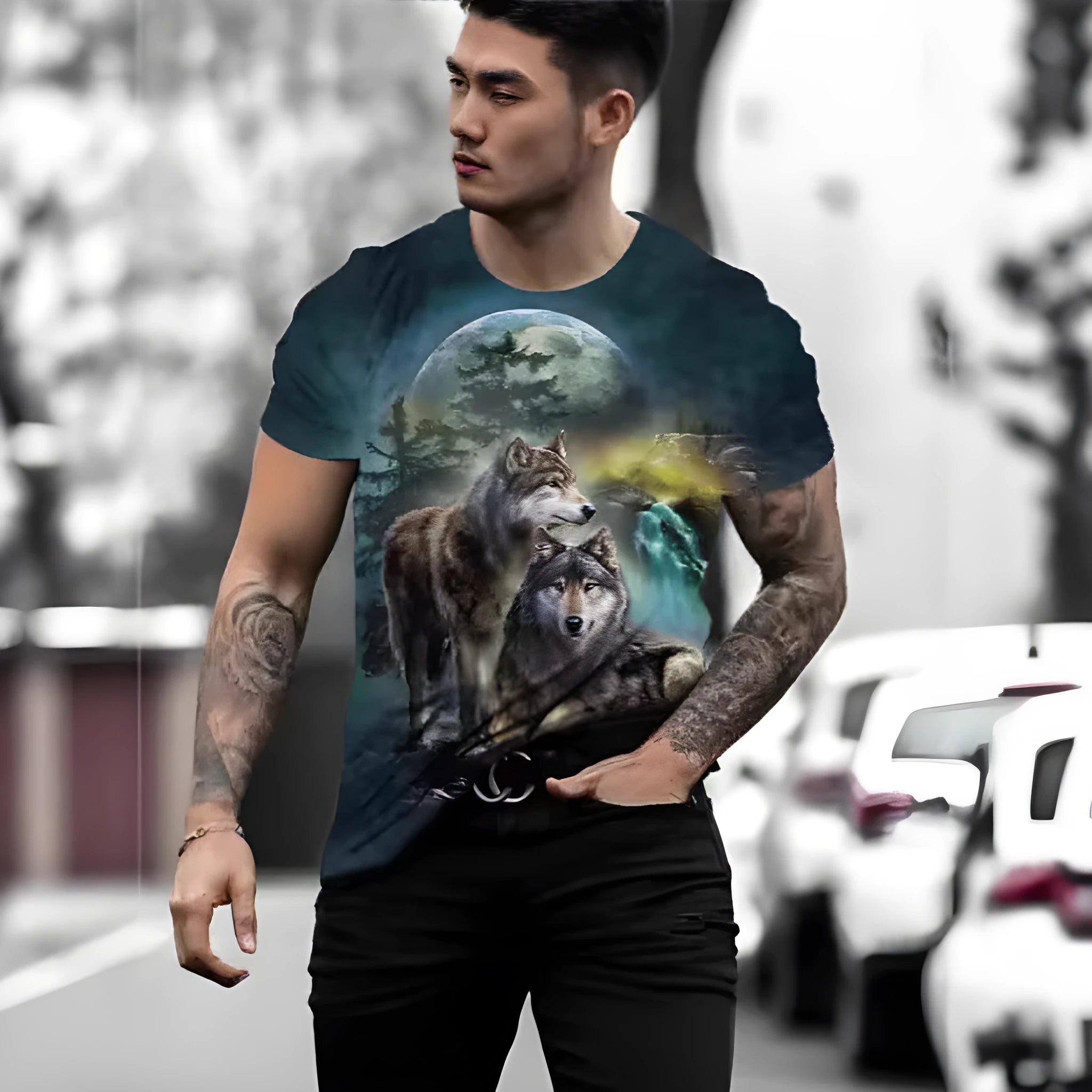 Retro 3D animal graphic printed on a man's thin, light grey short-sleeved T-shirt.