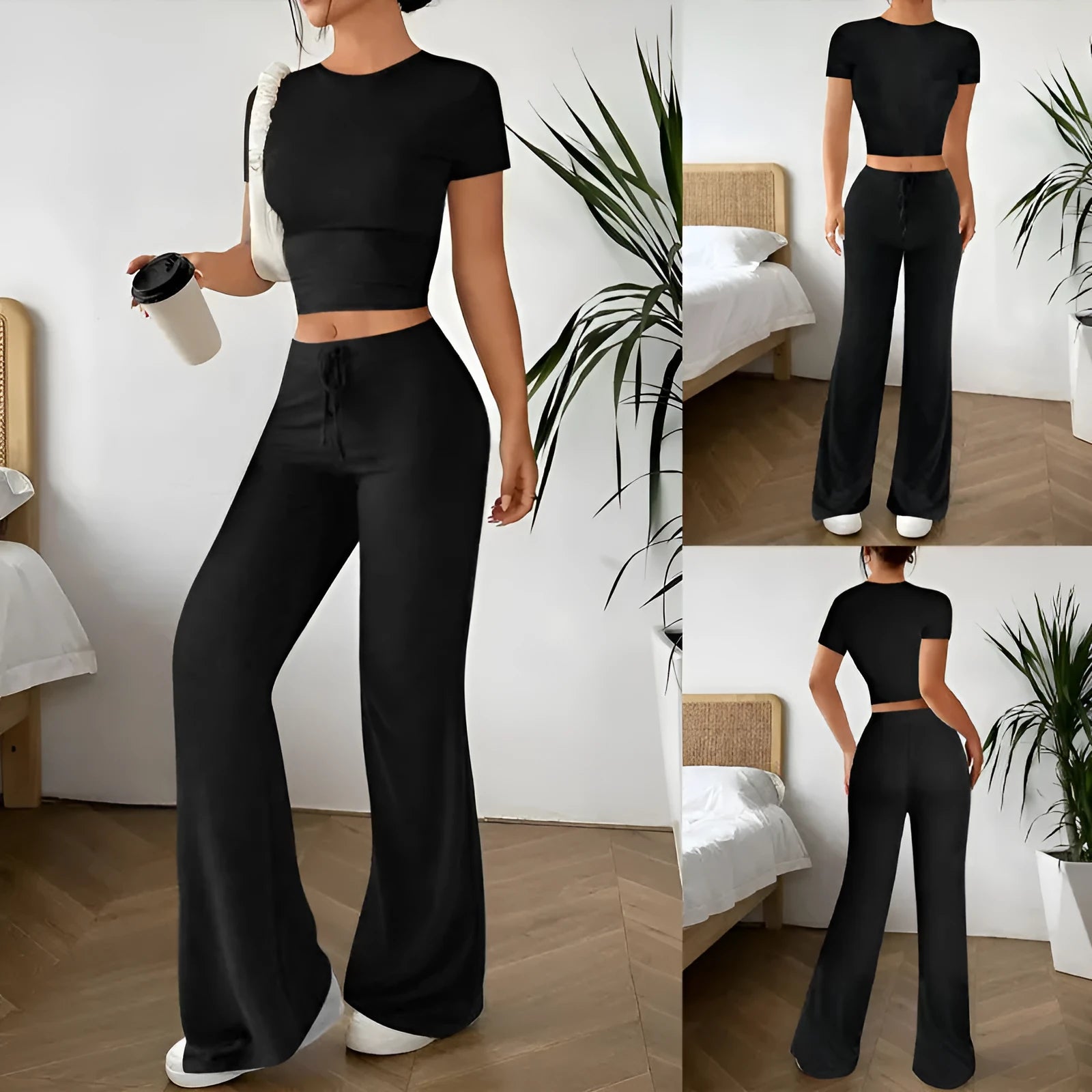 Black high-waist trousers and short-sleeve T-shirt co-ord set laid flat.