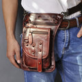 Men's black genuine leather punk style fanny pack with zipper and phone compartment