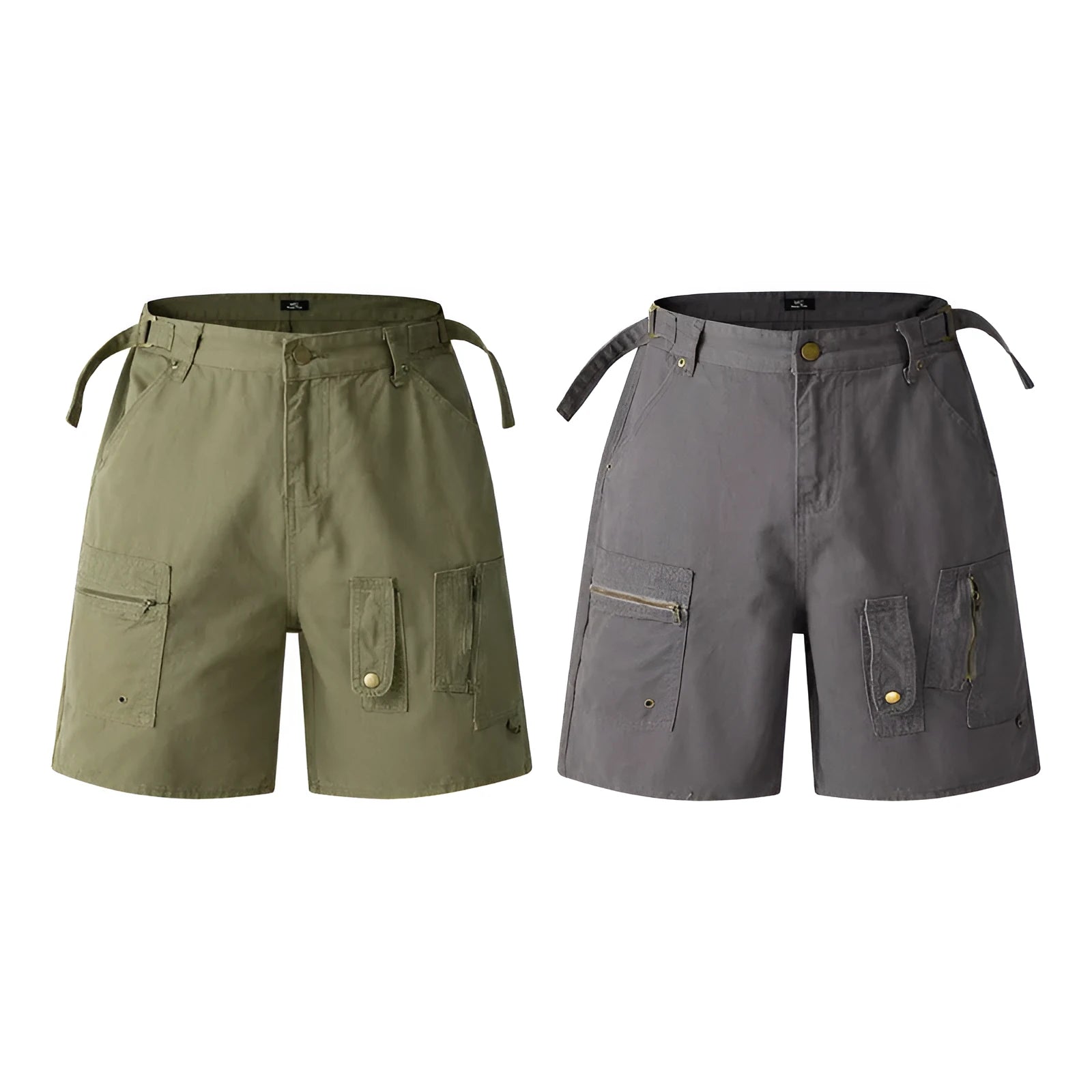 Retro workwear shorts in washed cotton fabric with loose fit and half elastic waistband