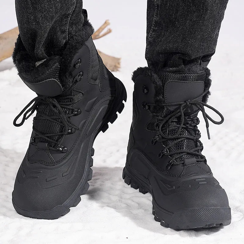 Men's black fleece-lined high-top lace-up boots on a ribbed TPR sole, showing tall crown design.