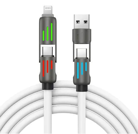 240W four-in-one fast charge cable with colourful breathing light, silicone material, Lightning and USB-C connectors, available in 1m 1.5m 2m lengths