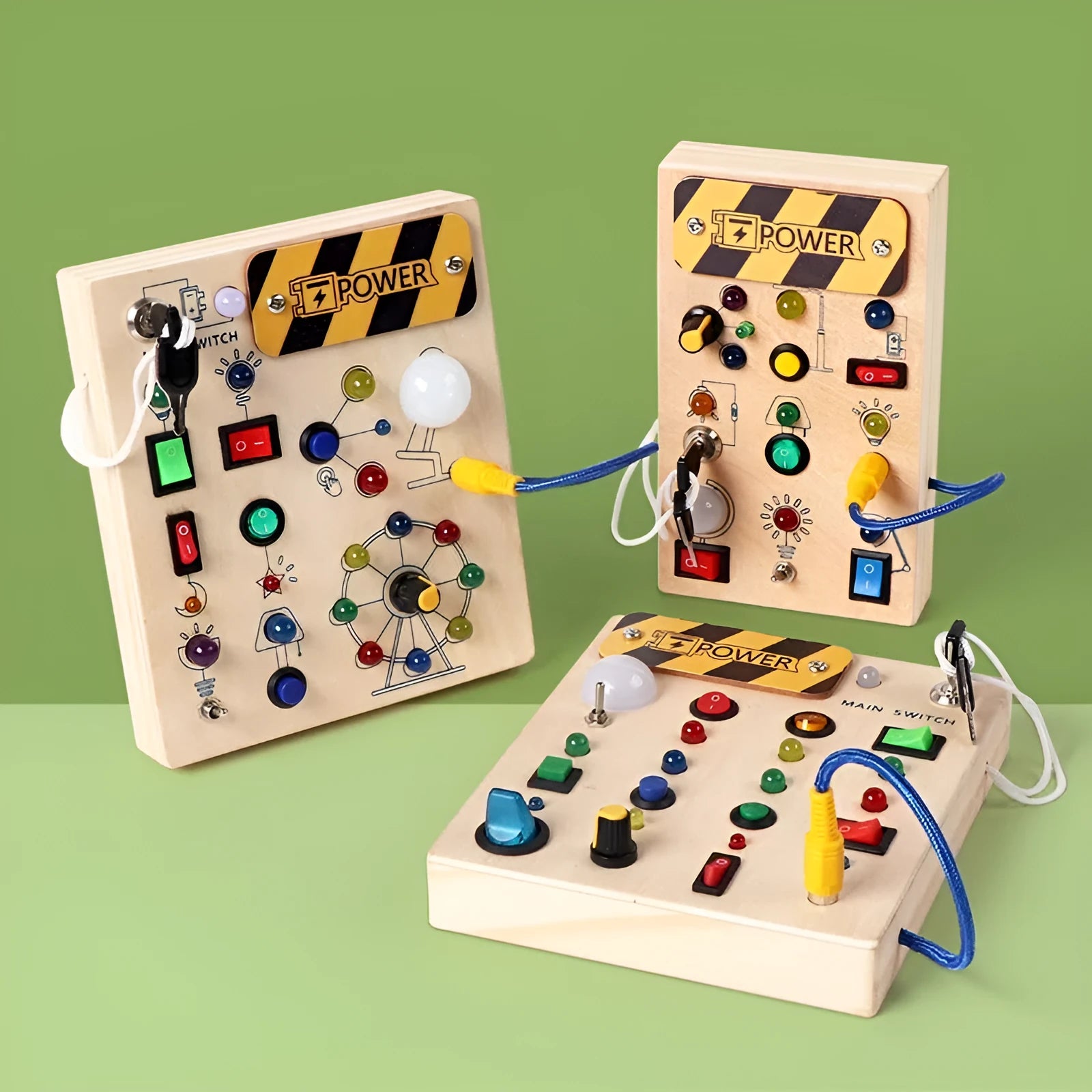 Wooden busy switch light toy on a table, showing switch panel and coloured light section.
