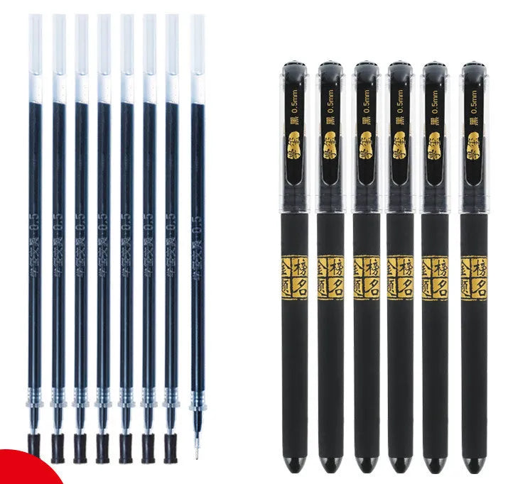 Carbon black gel pen set showing plastic construction with anti-fatigue grip and cap closure
