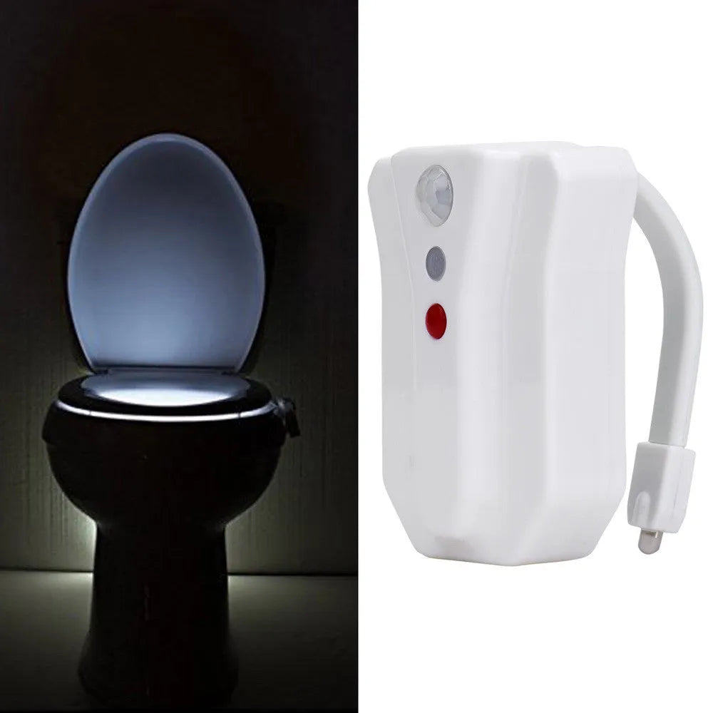 8-colour motion sensor toilet light with flexible adhesive mount for easy installation on toilet surface
