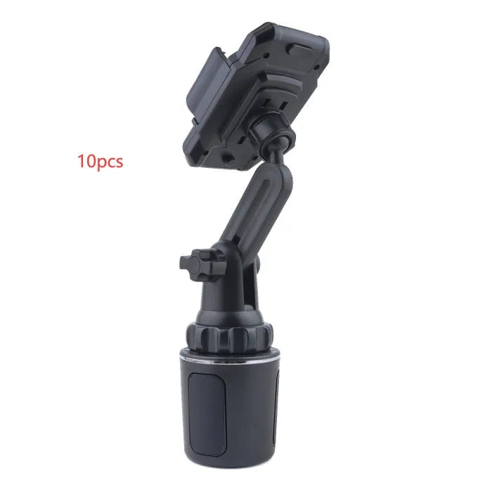 Black ABS car cup holder phone mount with 360° rotation, adjustable height and foam contact pad