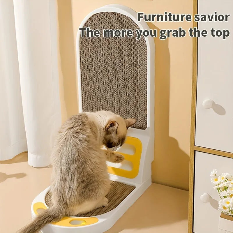 L-Shape vertical cat scratching board in grey, green, or white, showing thickened cardboard construction.