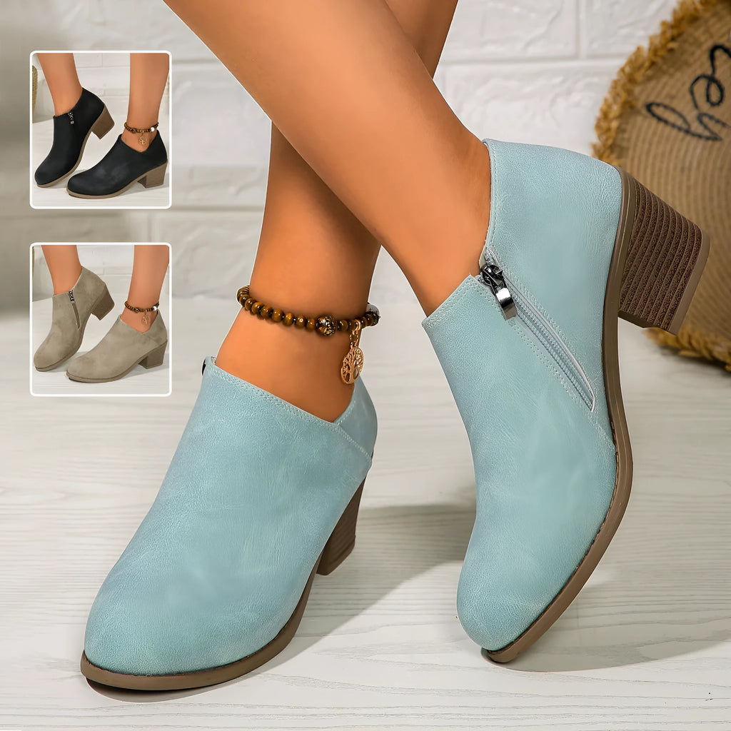 Chunky heel round toe ankle boots for women with side zipper in black, synthetic leather