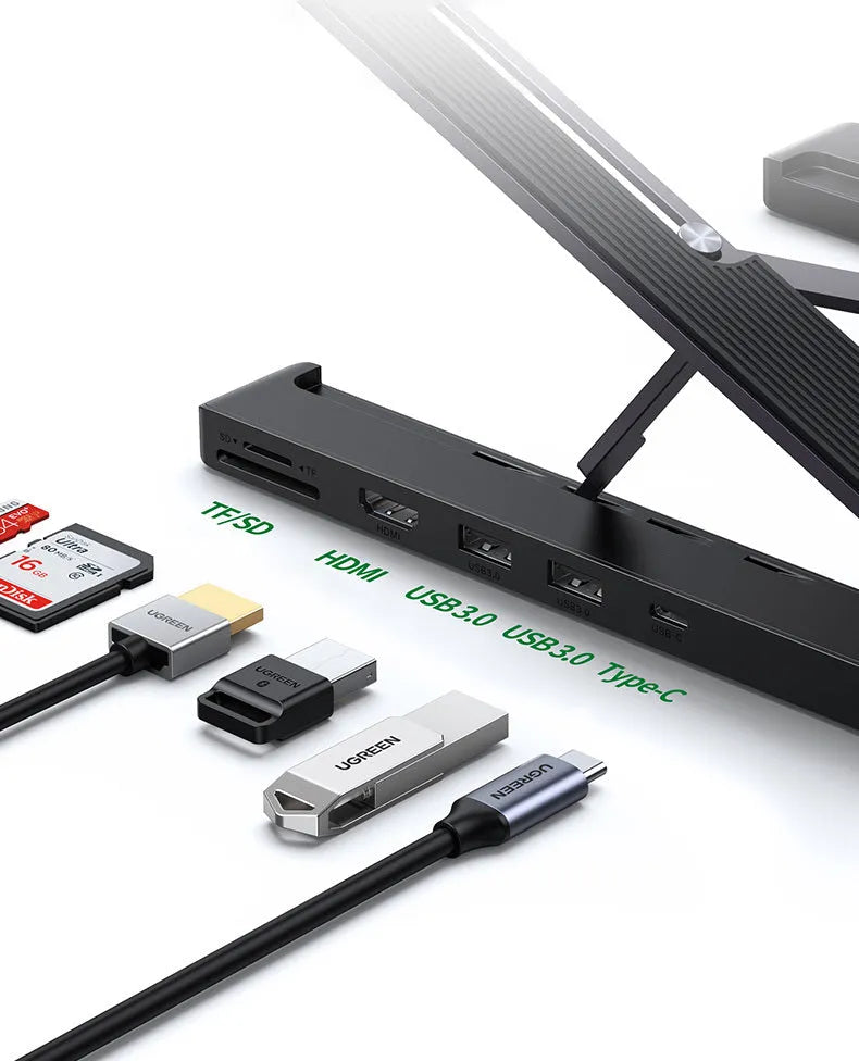 Aluminum alloy folding laptop cooling rack with built-in 5-in-1 hub featuring HDMI, USB3.0x2, Type-C, and card reader