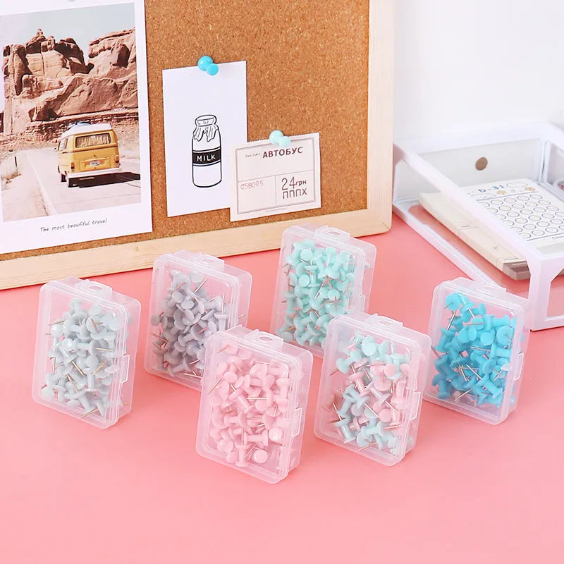 Morandi colour push pins set with star, button, and round head designs in green, grey, and pink colours
