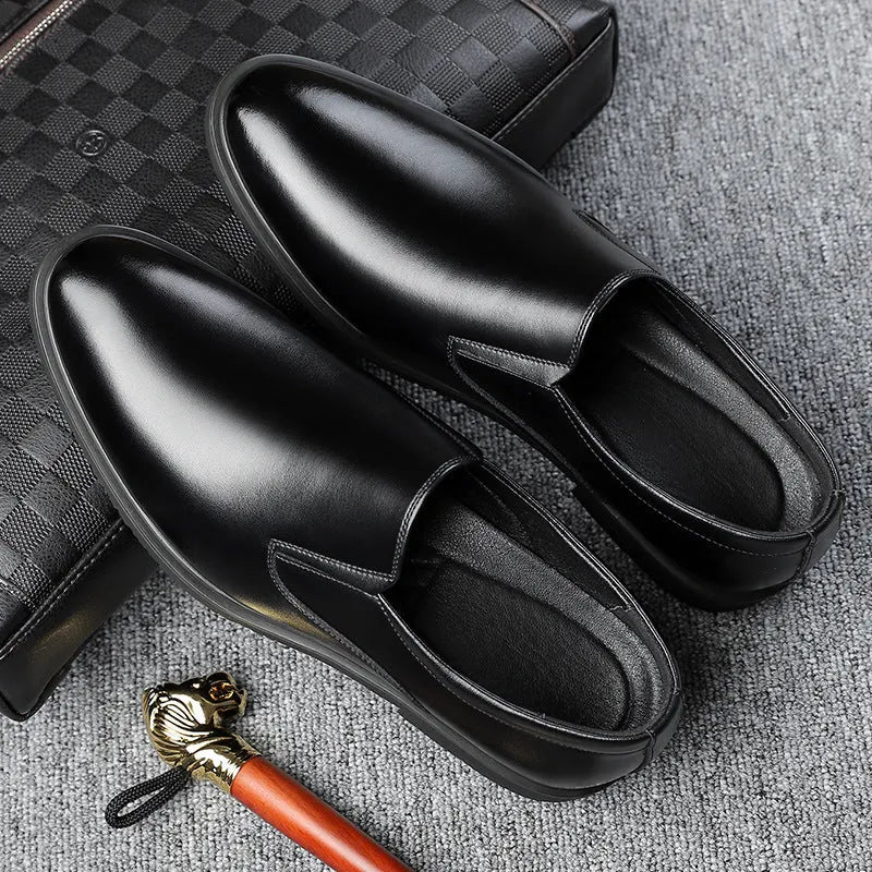 Men's black breathable leather slip-on business casual shoes with rubber sole