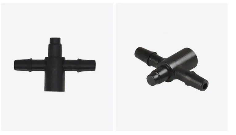 Tee water distributor for irrigation systems with PE construction and sun protection properties