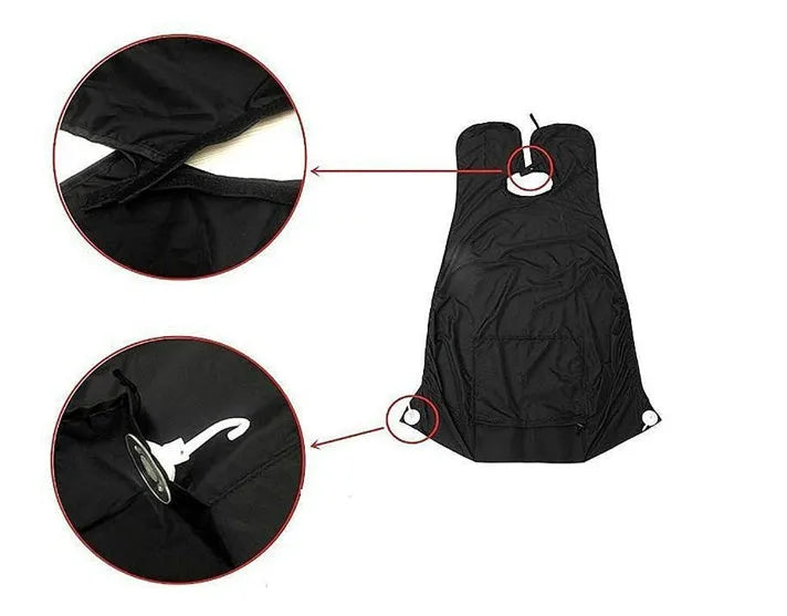 Shaving apron 110x70cm in black with transparent suction cup on bathroom mirror