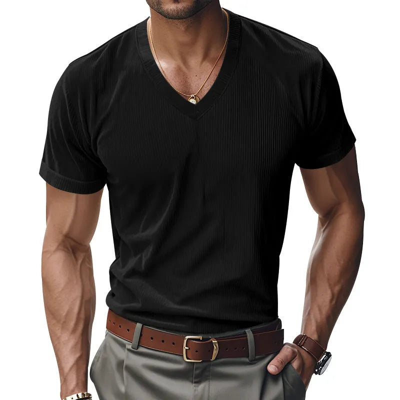 Men's loose V-neck short sleeve polyester top in black, gray, army green, denim blue or apricot, sizes S to XXXL.