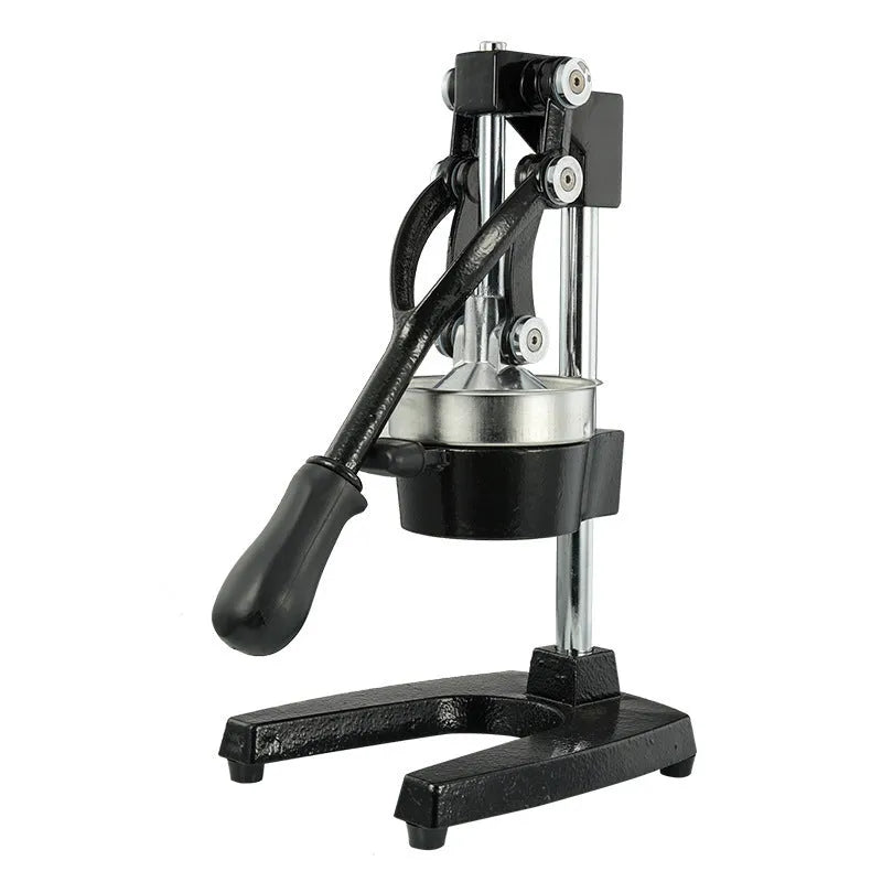 Black cast iron manual citrus juicer with stainless steel strainer and aluminium pressing gland