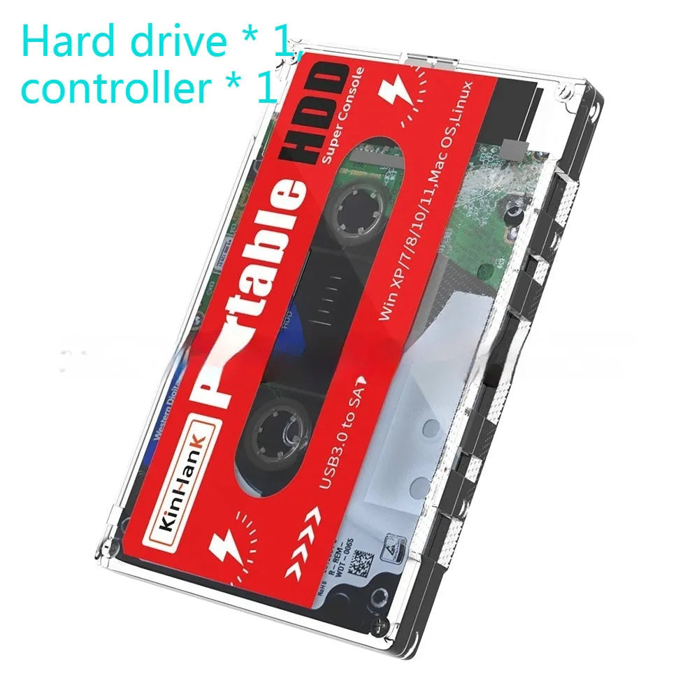 External 2TB mechanical hard disk drive with USB cable and storage box.