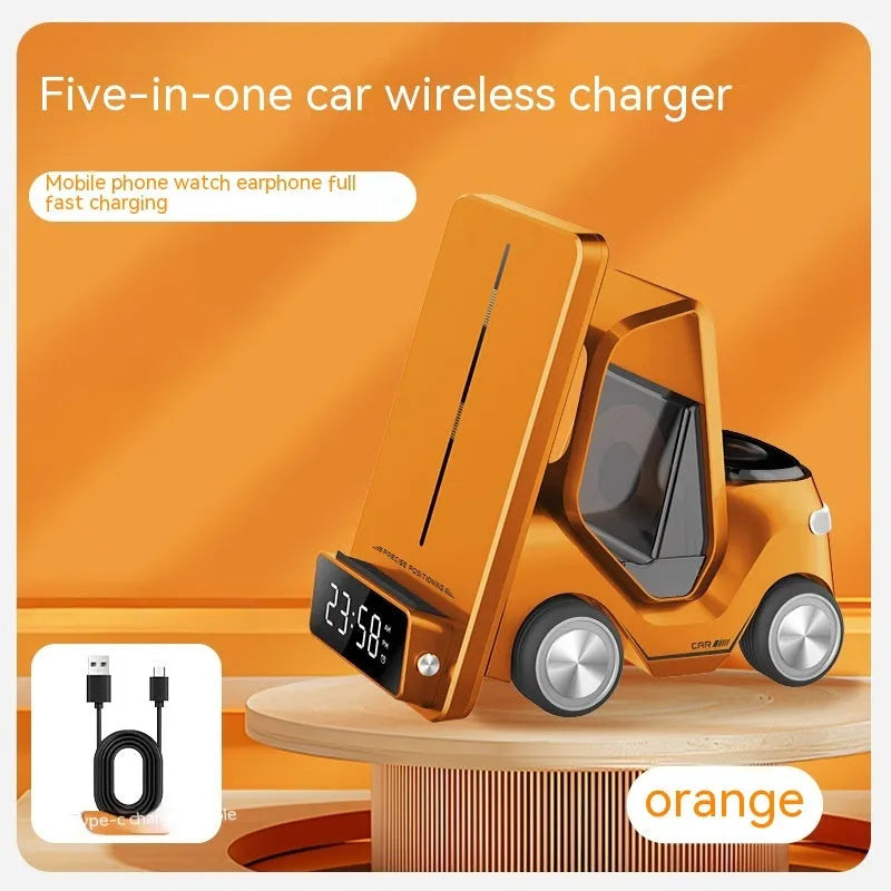 15W three-in-one wireless charging bracket in a choice of colours, charging a smartphone, earbuds, and smartwatch.